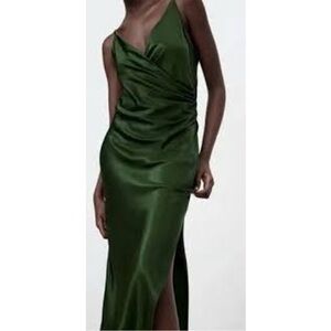NWT Zara Dark Green Satin Slip Dress Spaghetti Straps V-Neck Small